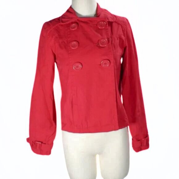 Y2K Classic Red Cotton Light Jacket Double-Breasted Large Acrylic Buttons - Picture 2 of 8